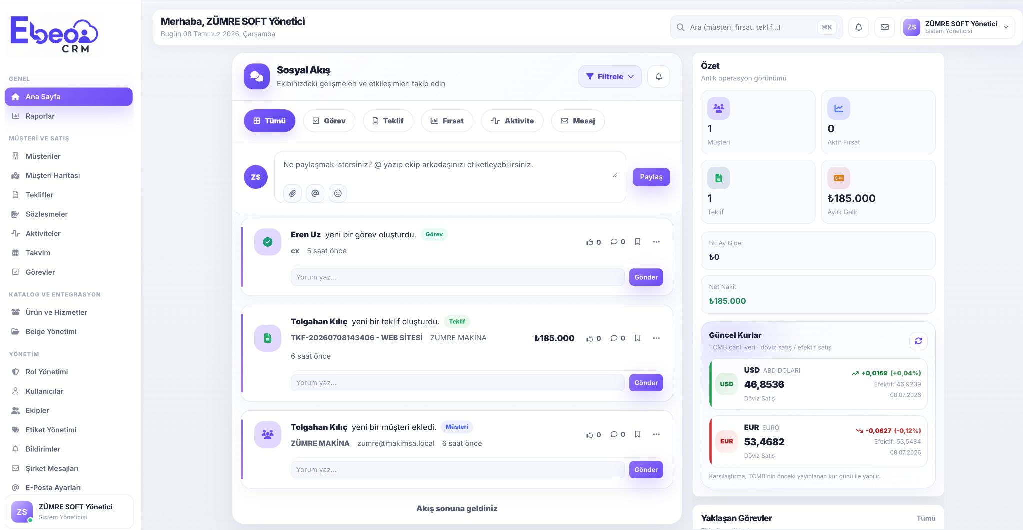 Ebeo CRM ana panel ekran görüntüsü